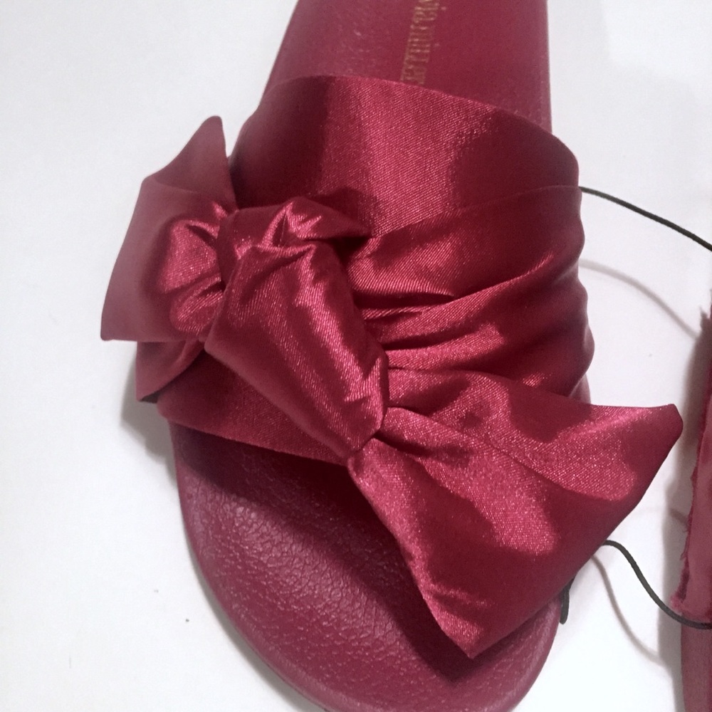 Olivia Miller Burgundy Satin Bow Slide Sandals - Picture 4 of 7